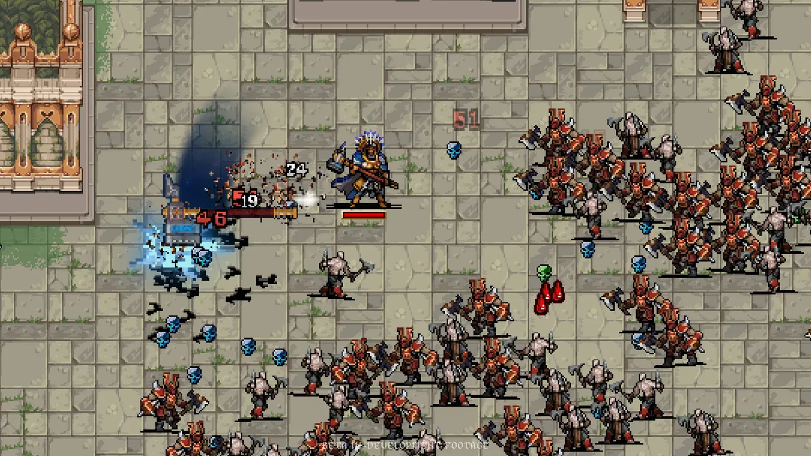 Skaven horde pressing through a stone arena in Warhammer Survivors