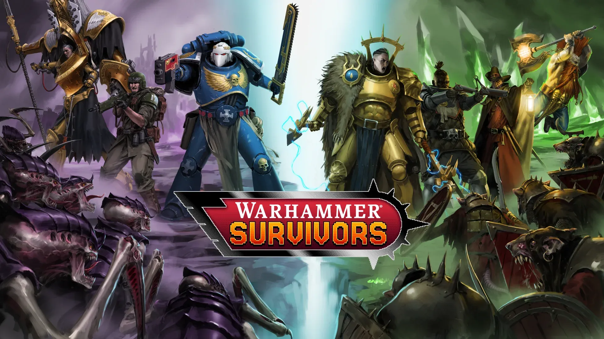 Official Warhammer Survivors key art with champions from Warhammer 40,000 and Age of Sigmar facing Tyranid and Skaven hordes